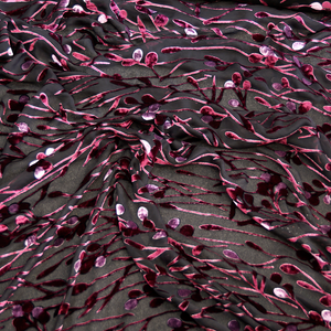 Burgundy Bud Burnout Velvet 100% Silk Fabric