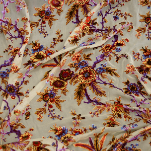 Cream Burnout Velvet Fabric - 100% silk
