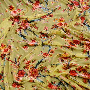 Sage Yellow Burnout Velvet 100% Silk Fabric