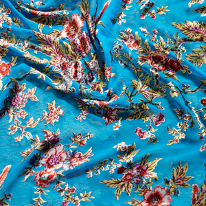 Turquoise with Pink Roses Silk Velvet Burnout Fabric