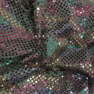 Rainbow Flakes on Black and Gold Mesh Confetti Dot Sequins Fabric