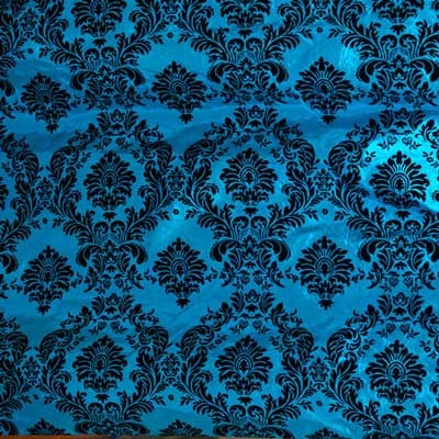 Flocked Turquoise Blue Taffeta with Black Damask Fabric