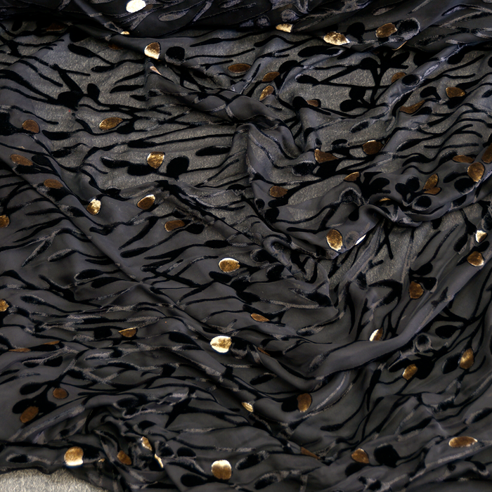 Black and Gold Buds Burnout Velvet Fabric - 100% silk