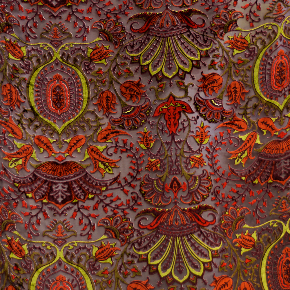 Red and Sage Burnout Velvet Fabric 100% silk - Main Image