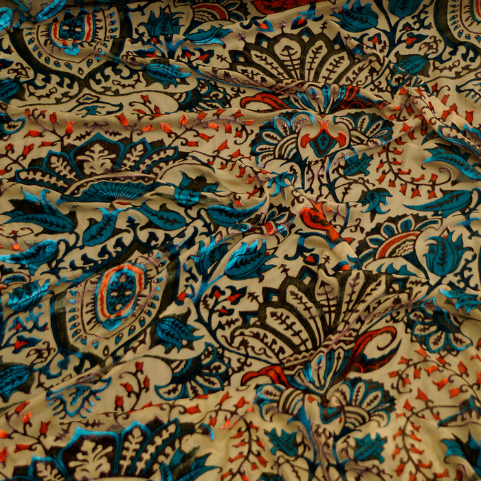 Teal/Red Burnout Velvet Fabric - 100% silk