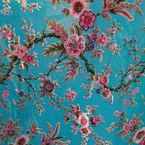 Turquoise with Pink Roses Silk Velvet Burnout Fabric