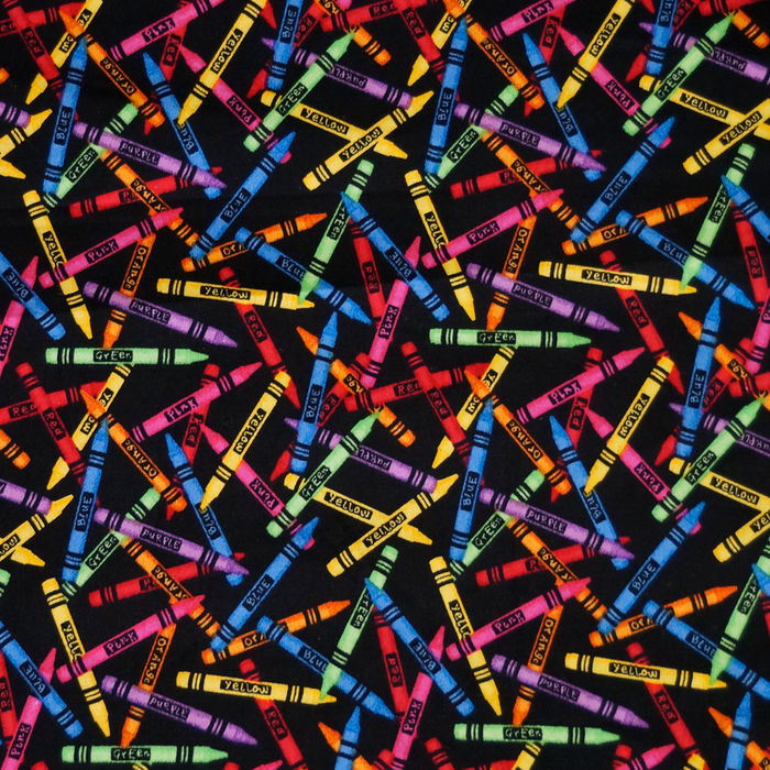 Cotton Fabric - Childrens Fabric - Colorful Crayons Scattered on Black -  4my3boyz Fabric