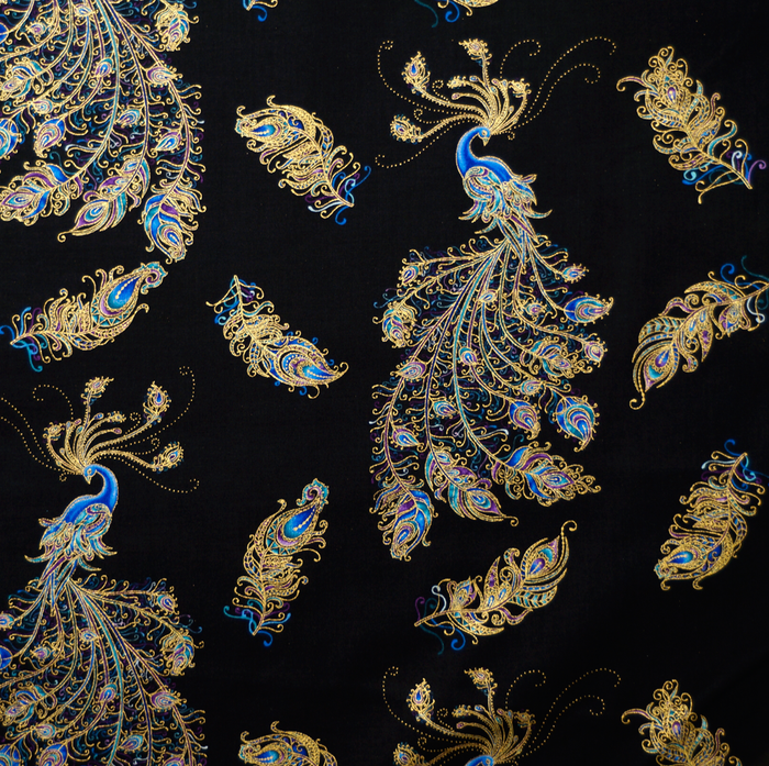 Peacock Flourish - All Over Black by Benartex 100% Cotton Fabric