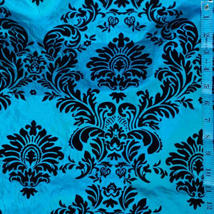Flocked Turquoise Blue Taffeta with Black Damask Fabric
