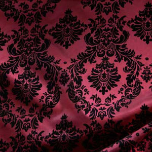 Flocked Burgundy Red Taffeta w/ Black Velet Damask Fabric