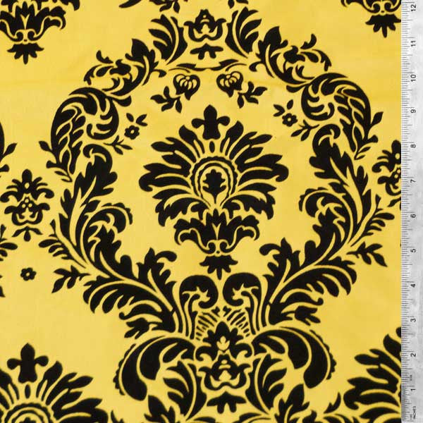 Flocked Gold Taffeta w/ Black Velvet Damask Fabric Flocked Gold Taffeta w/ Black Velvet Damask Fabric
