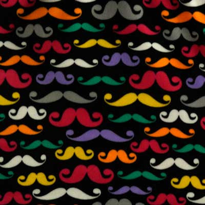 Colorful Mustaches on Black Fleece Fabric