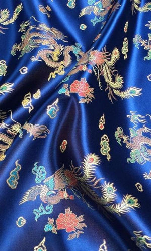 Chinese Dragon Satin Brocade Fabric - Royal Blue