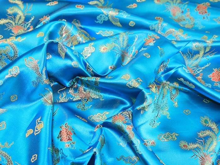Chinese Dragon Satin Brocade Fabric - Turquoise