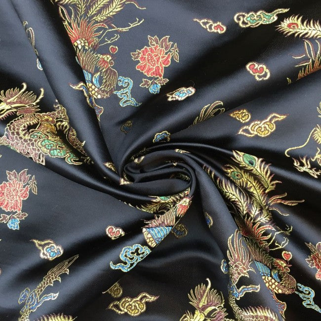 Chinese Dragon Satin Brocade Fabric - Black Chinese Dragon Satin Brocade Fabric - Black