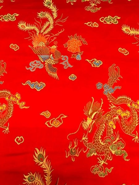 Chinese Dragon Satin Brocade Fabric - Red